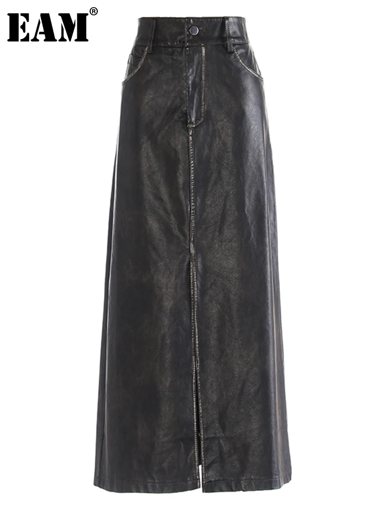

[EAM] High Waist Black Slit Pu Leather Pockets Long Casual Half-body Skirt Women Fashion Tide New Spring Autumn 2023 1DH2028
