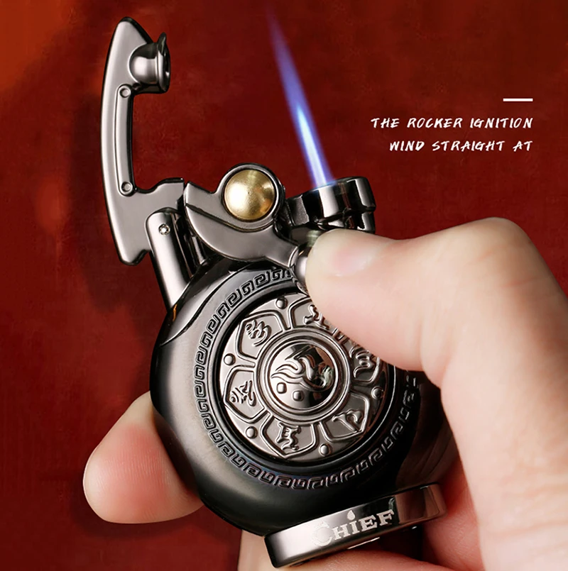 

2023 Ruyi Rocker Arm Inflatable Lighter Windproof Blue Flame Direct Impact Creative Decompression Grinding Wheel Lighter