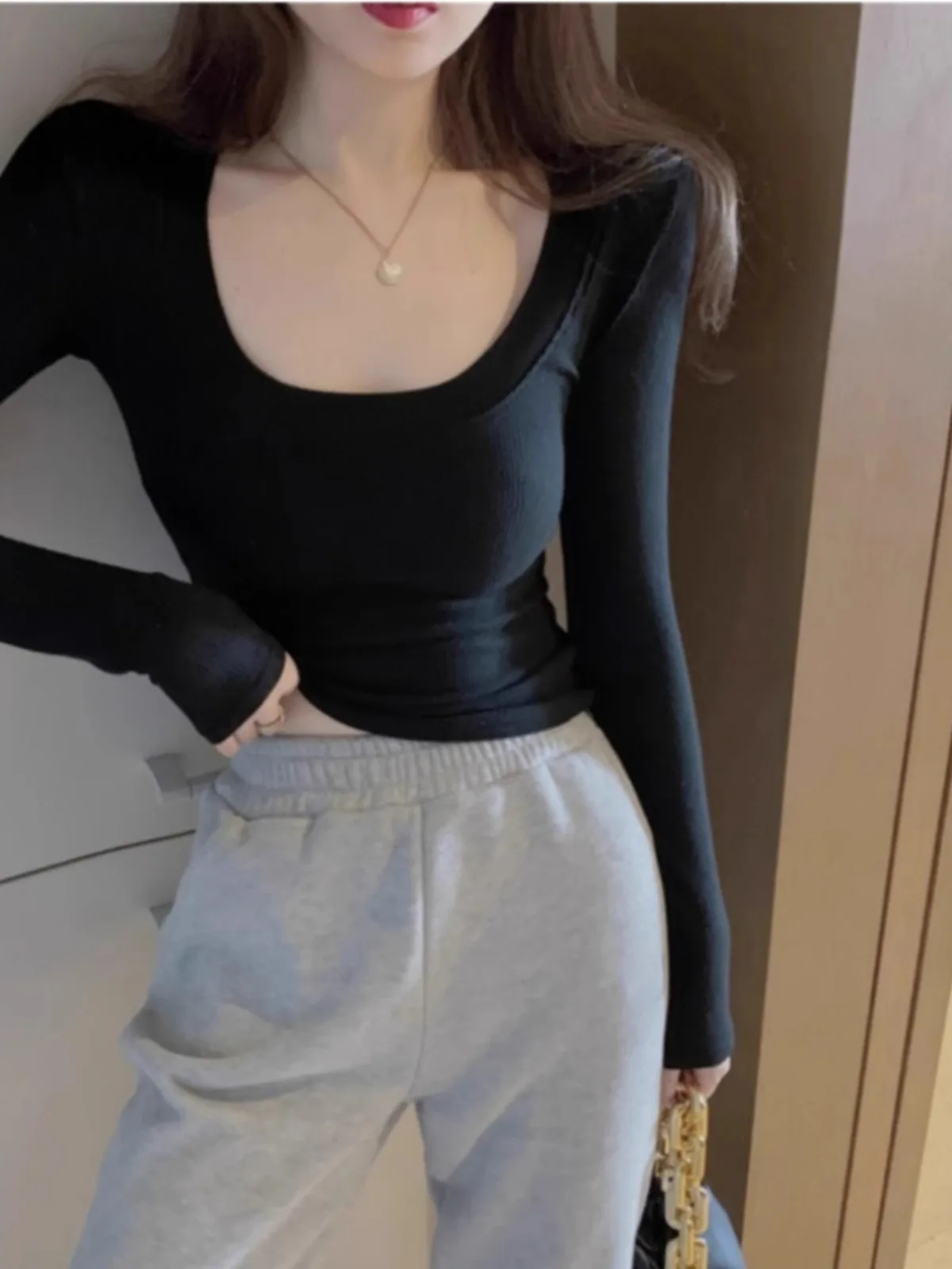 Серая рубашка с круглым вырезом Pure Desire Bottoming Женская весенне-осенняя внутренняя