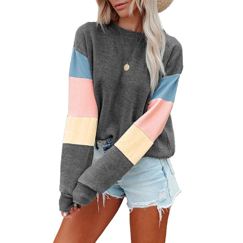2022 New Pullover Sweater Women's Spring and Autumn Round Neck Long-sleeved Contrast Color Long-sleeved Trendy T-shirt Women