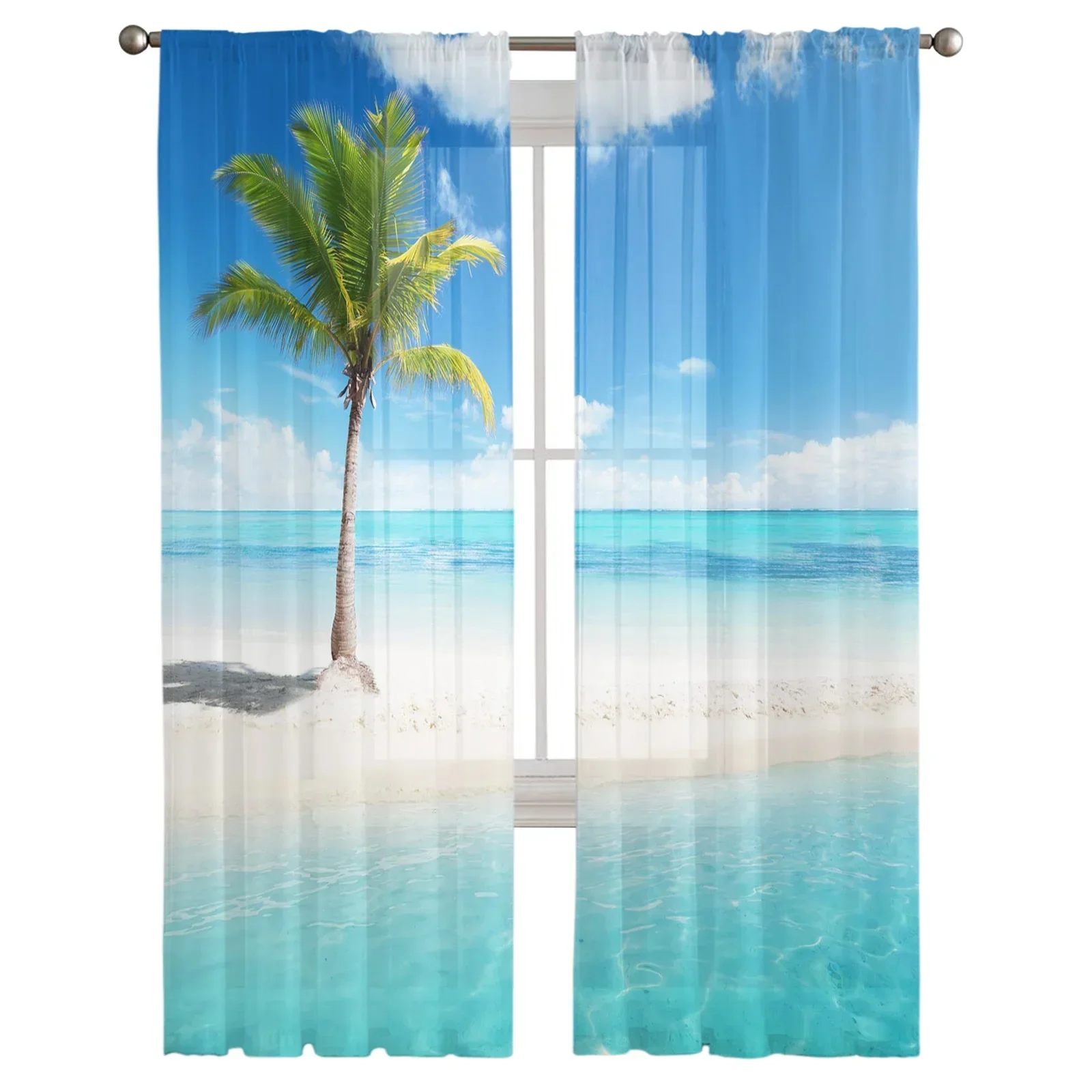 Пальма море пляж голубое небо белые облака тюлевые прозрачные шторы для гостиной
