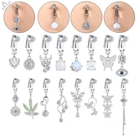 zs 1pc 316l stainless steel faux fake belly ring butterfly flower belly button ring crystal clip on umbilical cartilage earrings
