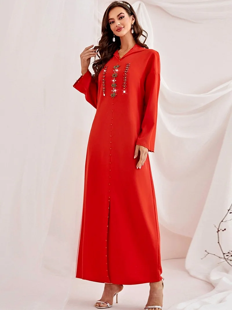 Hooded Rhinestones Beaded Slit Caftan Marocain Robe Dubai 2022 Sweet Women's Dresses for Party Loose Gulf Abayas Purple