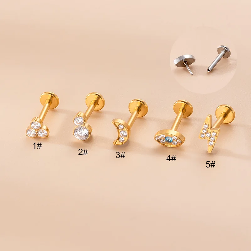 

New 1Piece New Design 16g Stainless Steel With Cz Moon Eye Flat Back Internally Insert Lip Piercing Jewelry Labret Stud