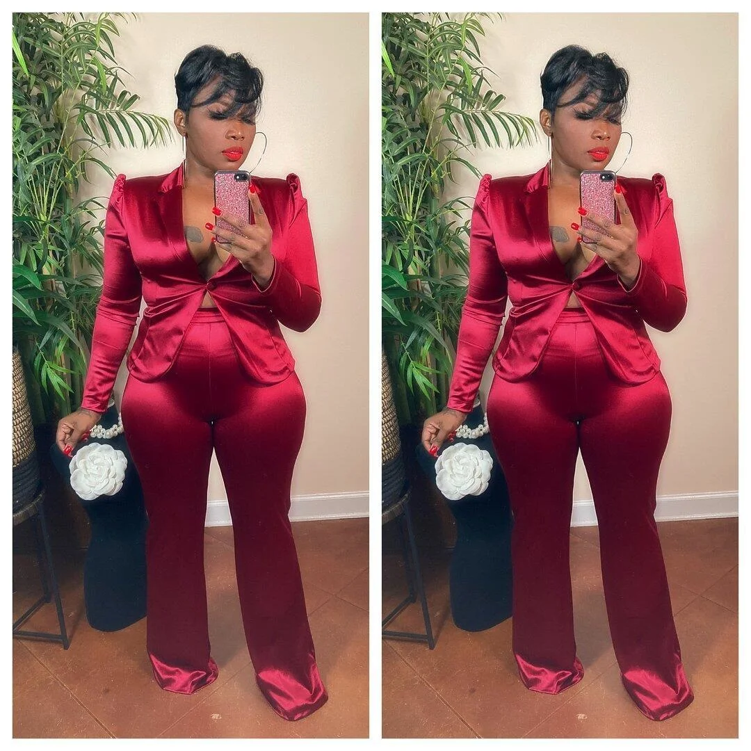 

V-neck Satin 2 Piece Set Lady Women Long Sleeve Slim Waist Blazers Full Pants Suit Female Fall Autumn Falre Clothes
