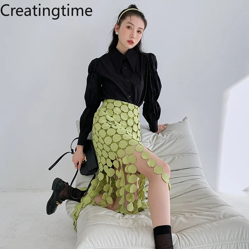 

Creatingtime Korean Fashion Skirt Women's Green Wild French Patchwork Vintage Tassel High Waist Skirts 2023 Summer New GA891