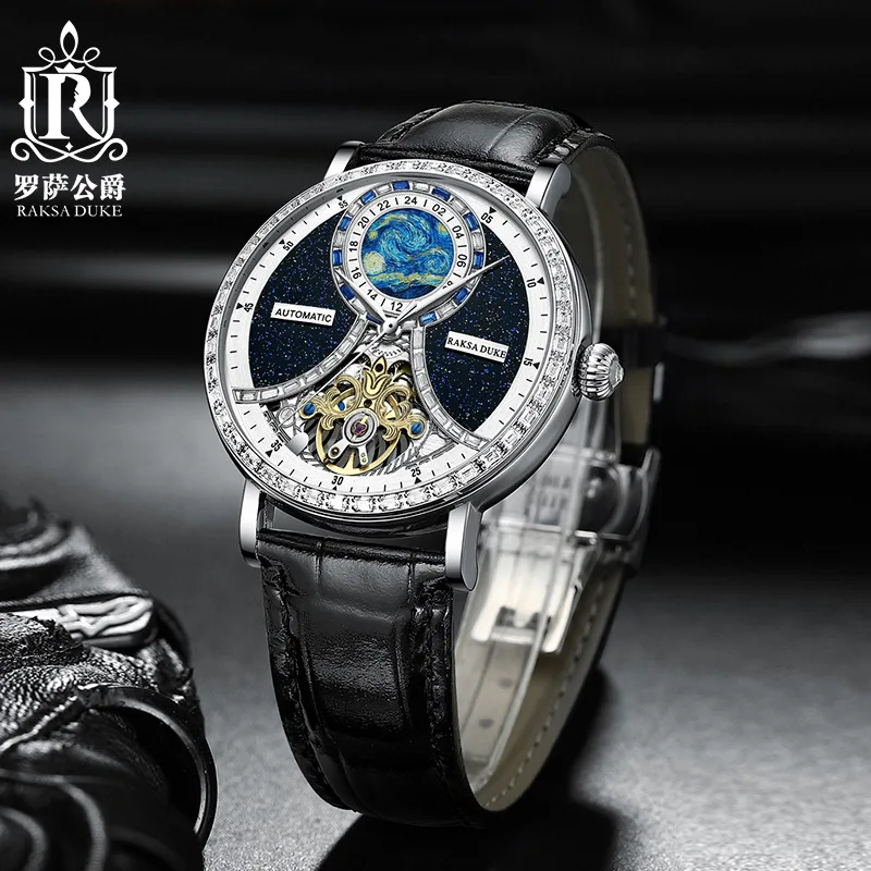 Pаспродажа Загадочные звездное небо W/ Diamond Автоматические часы для мужчин Роскошные Raksa Duke Скелет Турбийон Механические Мужские часы Relogio