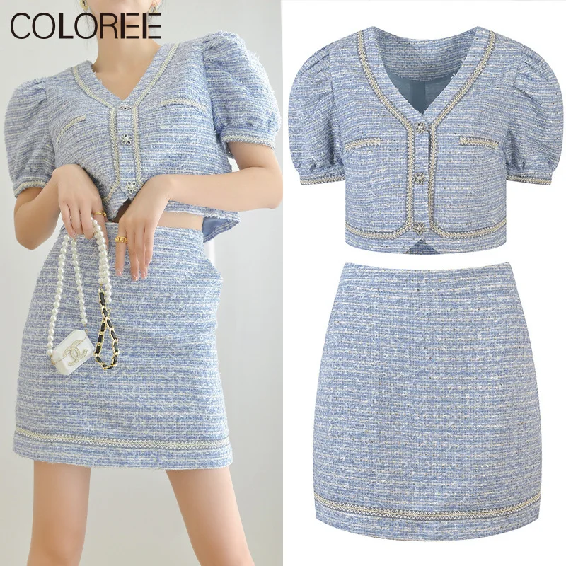 

Korean Fashion Fall Clothes for Women 2022 Elegant V-neck Puff Sleeve Top + Mini Skirt 2 Piece Sets Womens Outfits