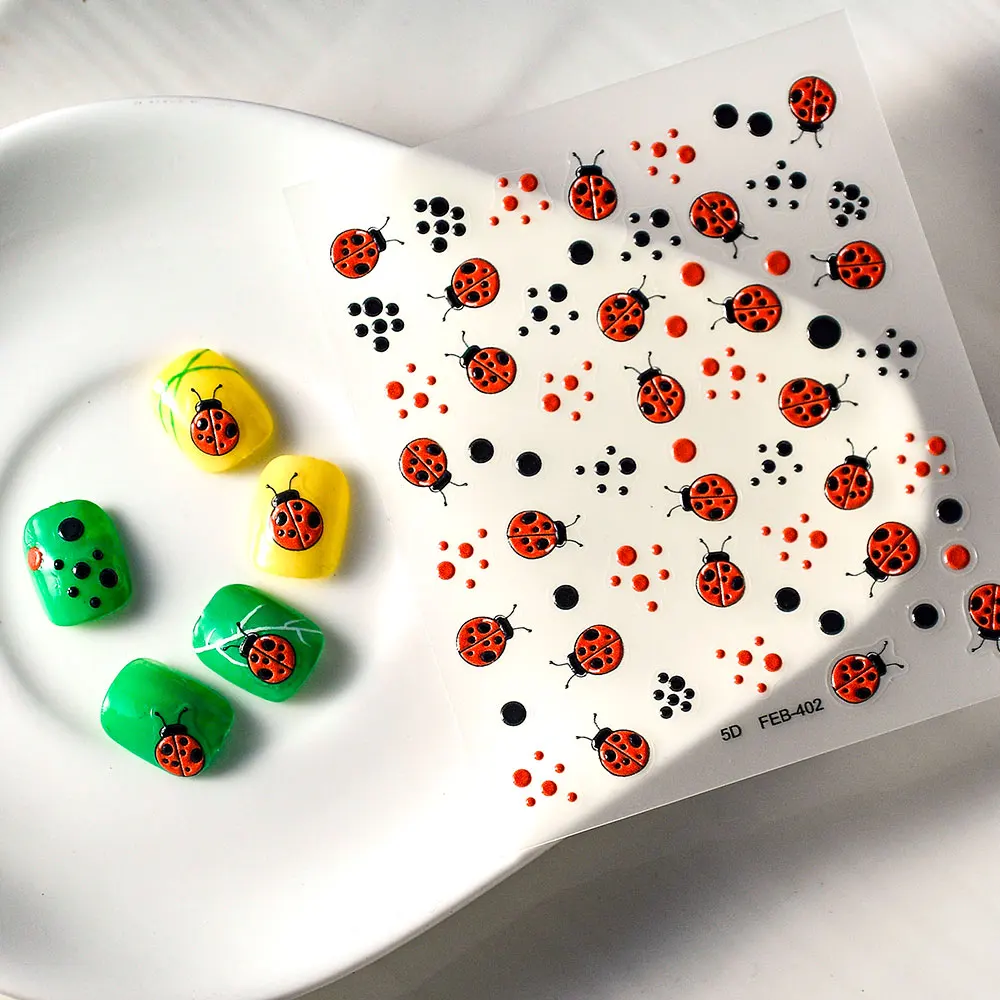 FEB-402 Ladybug 5D Nail Stickers Decals Foils Sliders Back Glue Nail Stickers Nail Supplies