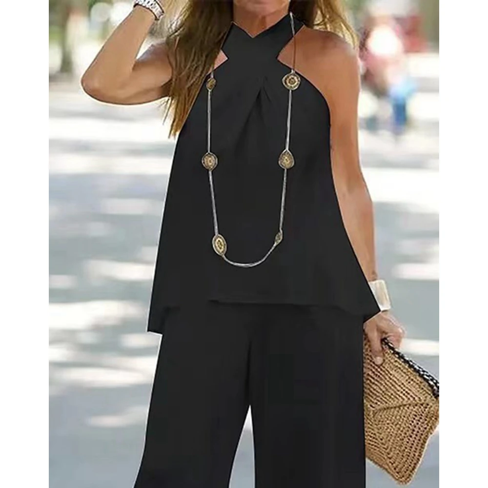 Fashion Sleeveless Halter V-Neck Top & High Waist Pants Set Office Wear Women Two-Piece Set Women Loose Outfits Casual Tracksuit