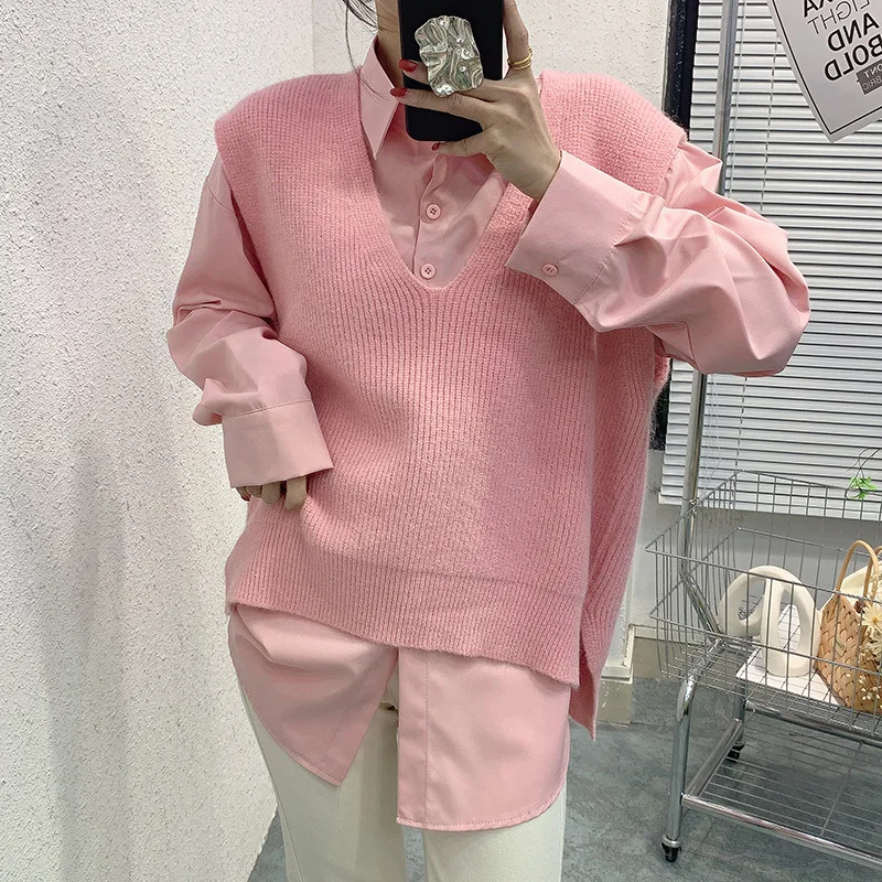 

Новинка Весна 2022, вязаный свитер с V-образным вырезом, жилет, Однотонная рубашка, костюм из двух предметов, топ, оптовая продажа