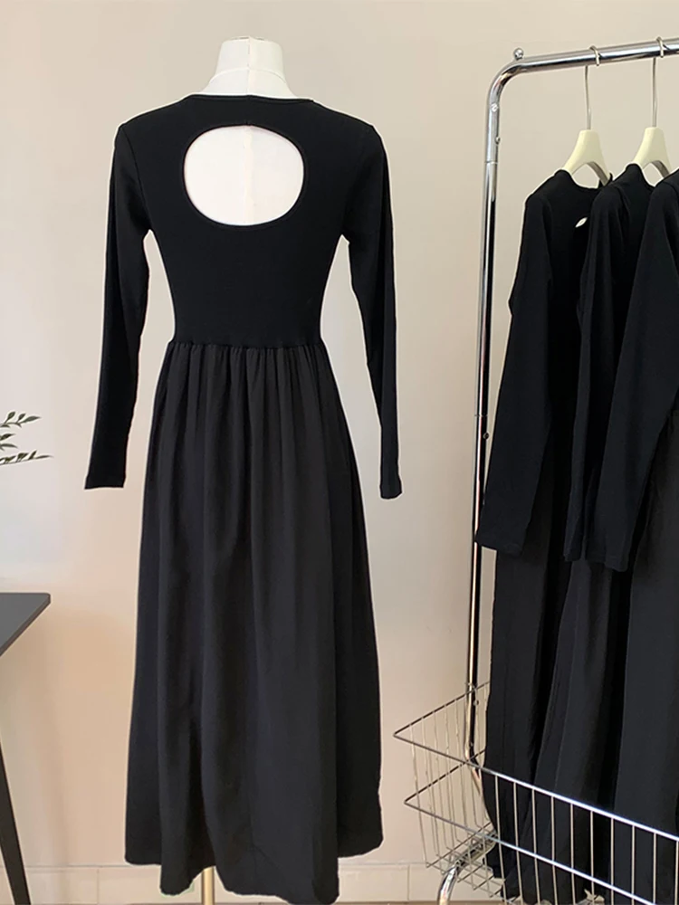 

2022 Women Autumn New Patchwork Black Ruffle Midi Frocks Crew-neck Long Sleeve Slim Frocks Backless Stretch Classic Basic Chic