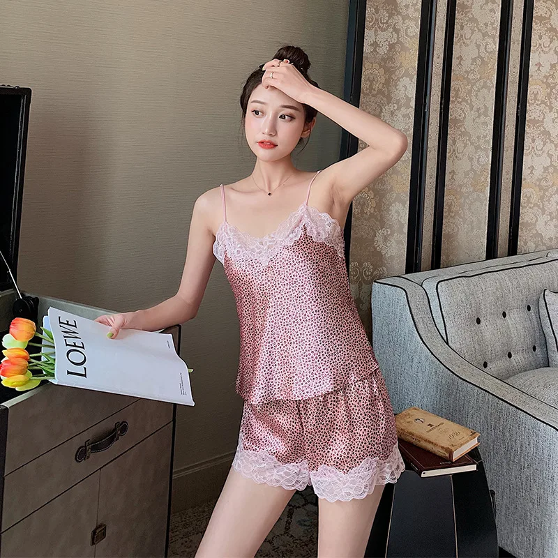 Women's Sleepwear Summer Silk Pajamas Sexy Girls Leopard Camisole Shorts Set Satin Pyjama Set Female Home Wear