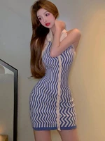qweek knitted stripped halter mini dress backless bodycon wrap slim short dresses women 2022 spring summer casual robes female