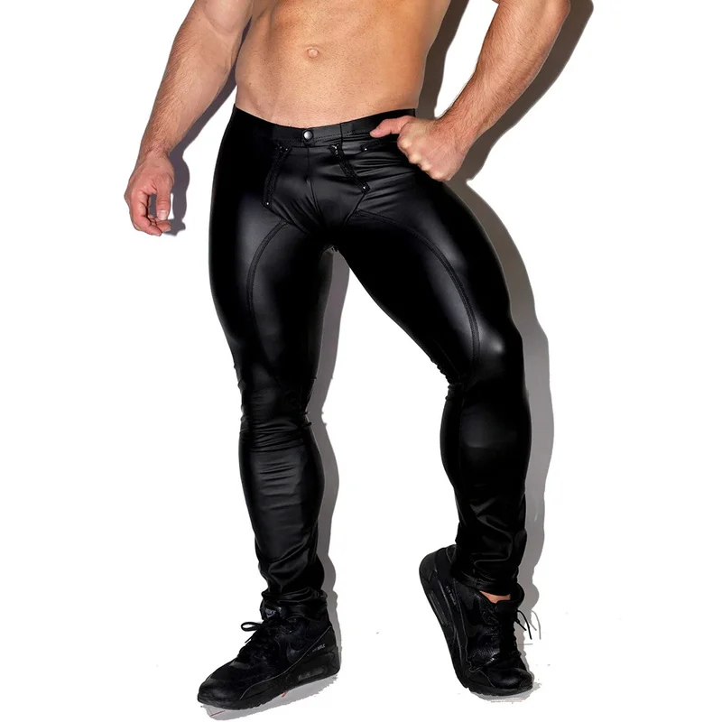 Мужские брюки с открытым выпуклым мешочком из ПУ кожи латексные леггинсы