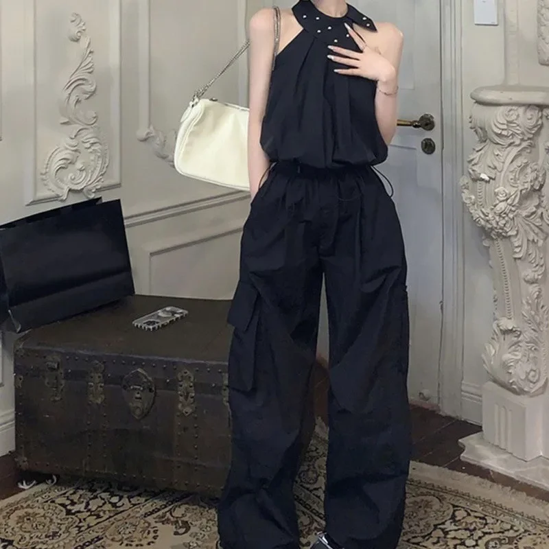 Лето 2024 крутой женский костюм черный топ с воротником хомутом и отворотами
