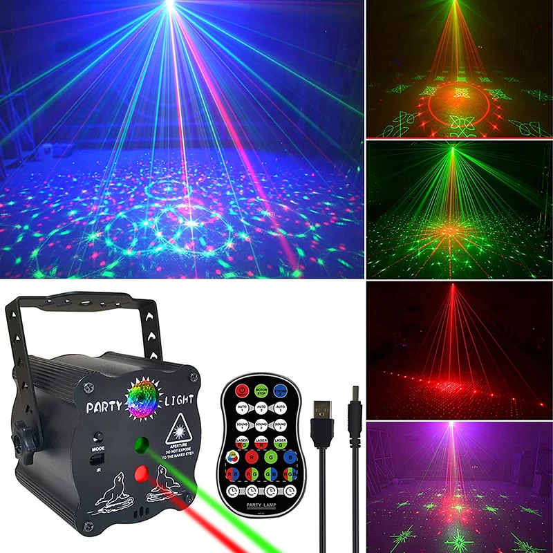 

Mini Stage Party Light 120 Patterns Laser Projector Light Sound & Remote Control RGB LED Disco Lights for Home Bar Show