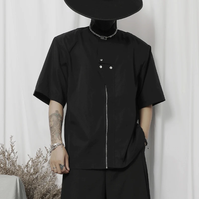 Men's New Stand Collar Temperament Short Sleeve Shirt Men's Summer Korean Fashion Fashion Shoulder Pad Loose Short Sleeve