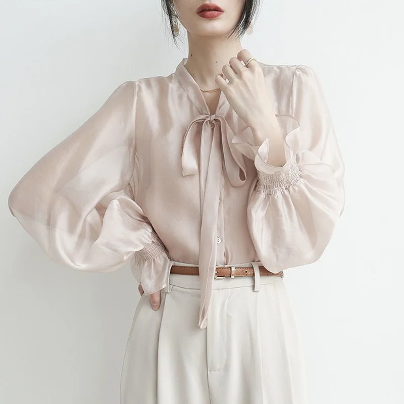 

Light Pink Chiffon Women Shirts Summer New Design 2022 Bow Long-Sleeved Elegant Female Outwear Coat Top Quality