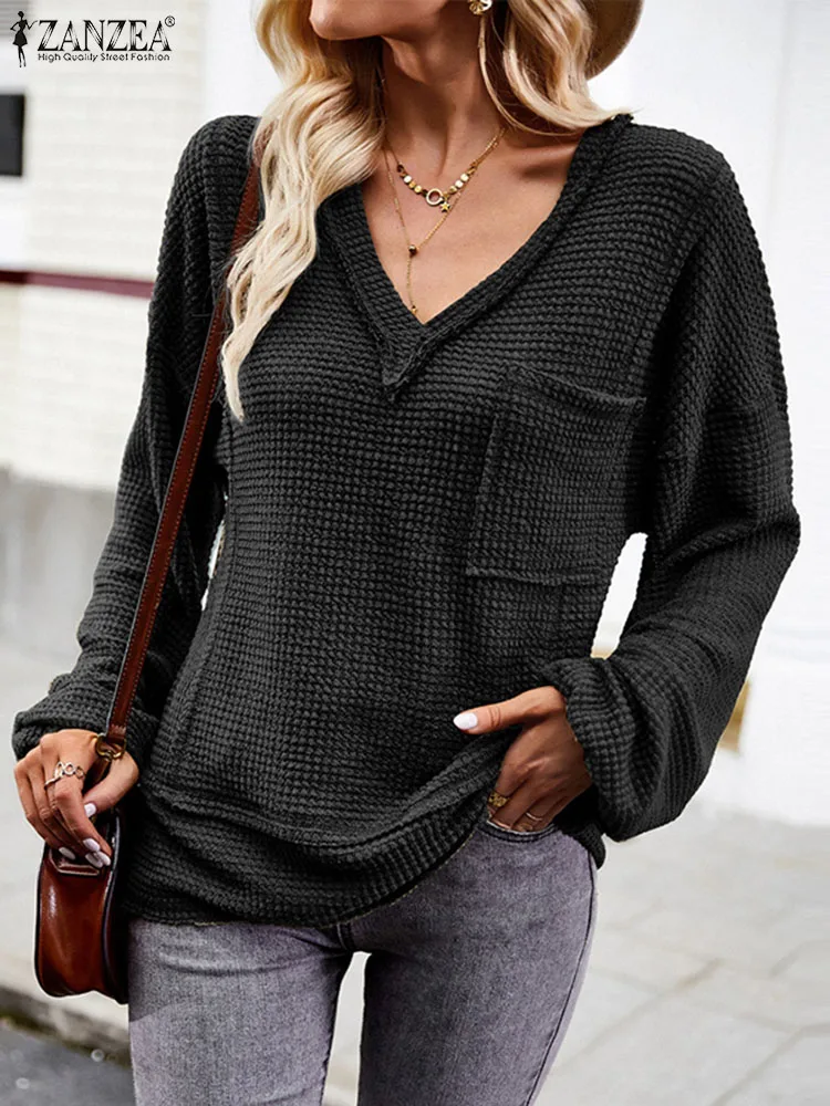 

Женские повседневные топы ZANZEA, уличные модные блузы с V-образным вырезом и рукавами-фонариками, вязаные блузки, праздничная свободная однотонная Осенняя рубашка 2023