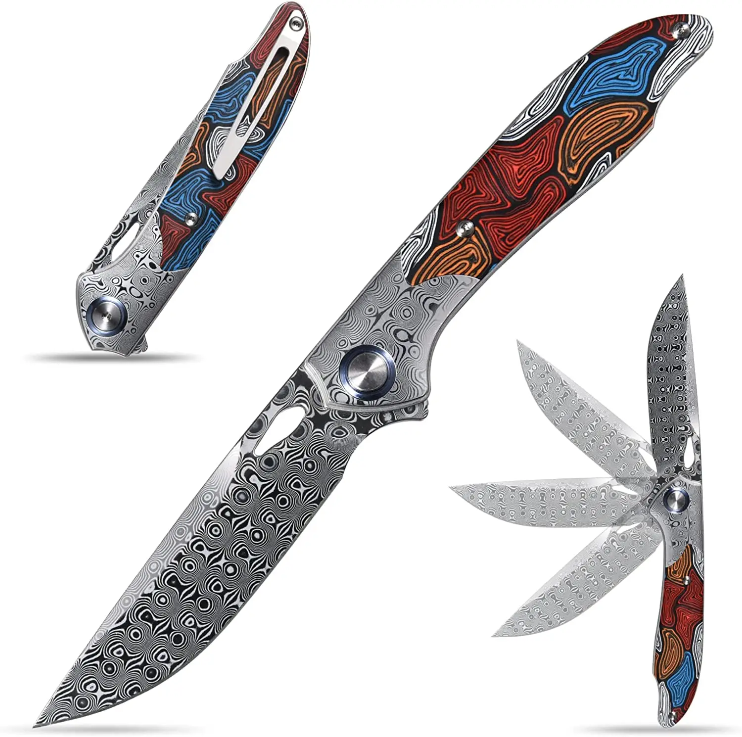 

Sitivien ST258 Damascus Steel Folding Knife,Damascus Rose Print Blade,Colorful G10 Handle EDC Tool Knife for Camping,Hiking