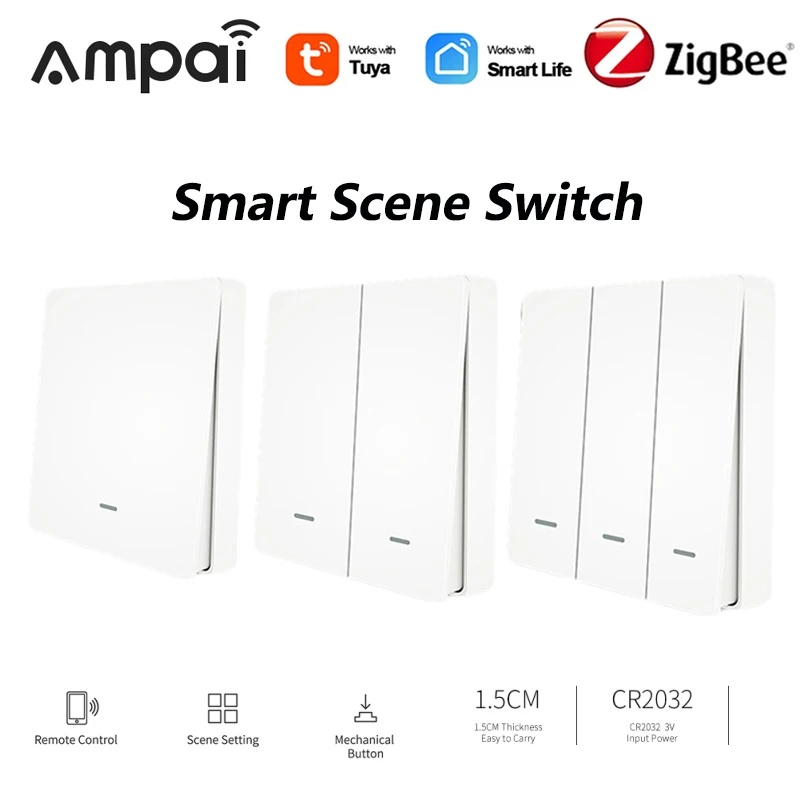

Tuya Zigbee Smart Switch 1/2/3 gang Wireless Wall Push Button Scene Switch Battery Powered Smart Home Smart Life Remote Control