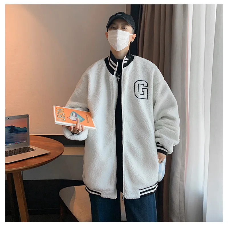 

Men's Thick Coat Imitation Woolen Plaid Baseball Jacket Zipper Stand Collar Loose Outer Wear Handsome Boy Winter Male Clothes