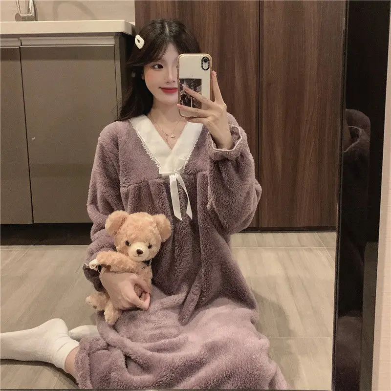 

QWEEK Женское ночное платье зимнее Коралловое флисовое винтажное однотонное ночное белье с v-образным вырезом ночная рубашка для женщин милые...