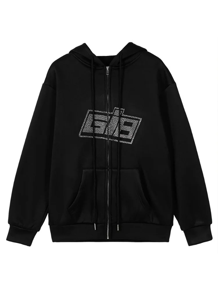

E-girl Y2K Fashion Rhinestone Zipper Oversized Hoodies Vintage Solid Letter Long Sleeve Black Sweatshirts Autumn Outfits Tops