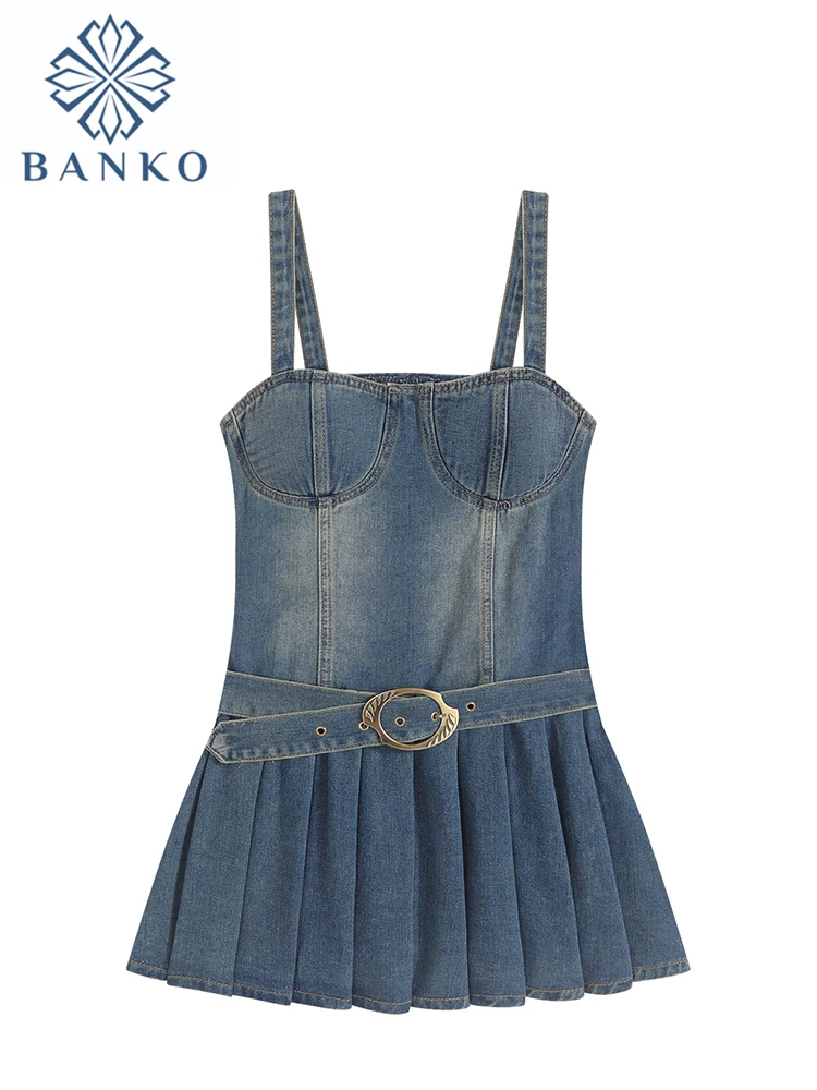 

Женское джинсовое платье на тонких бретельках, летнее плиссированное платье в Корейском стиле Gyaru 2000s, Y2k, модель 2023 года