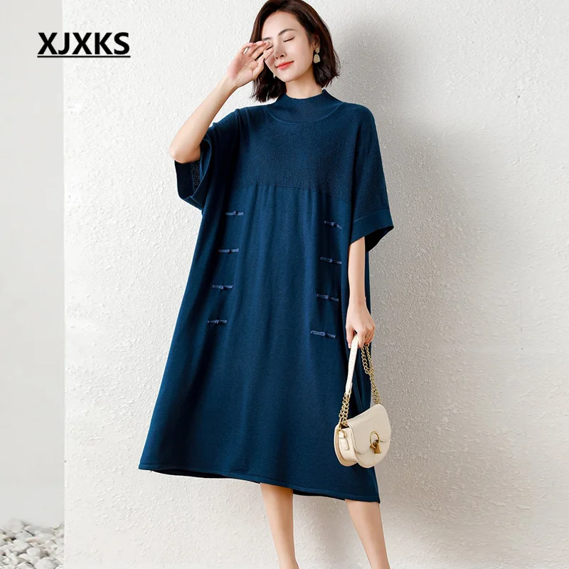 

XJXKS свободное женское платье оверсайз, весна-осень 2022, новейший высококачественный шерстяной вязаный женский длинный свитер с коротким рук...