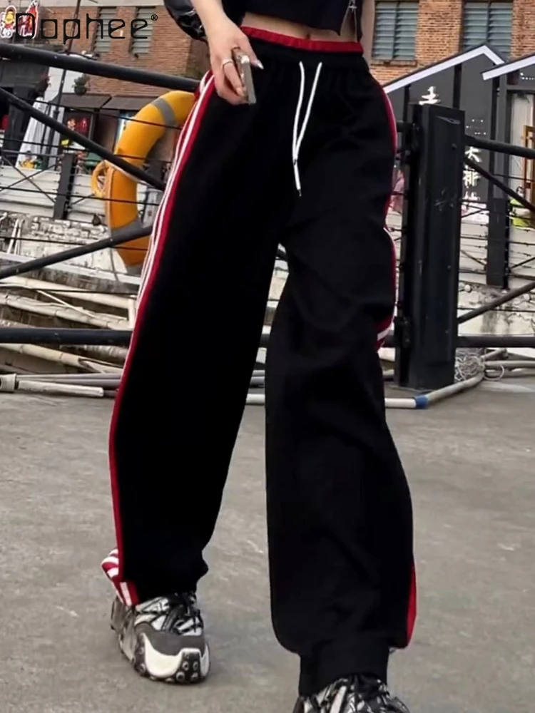 

High Waist Pants for Women Elastic 2022 Summer Color Contrast Patchwork Drawstring Straight Pants Casual Sweatpants for Women