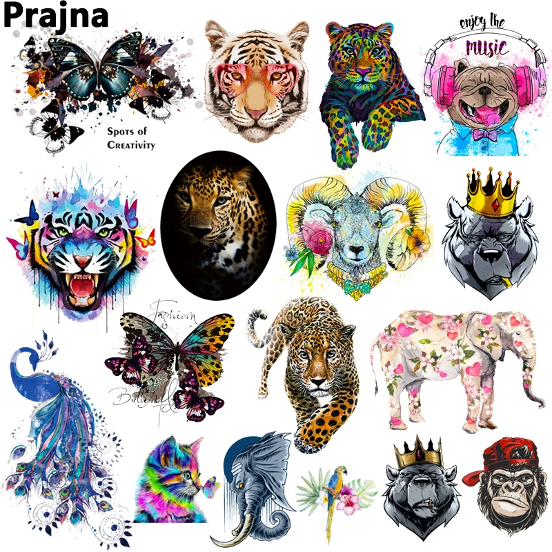 

Colorful Forest Animal Iron-On Transfer Patches For Clothing Punk Tiger Elephant Heat Transfer For T-Shirt DIY Clothing Patch