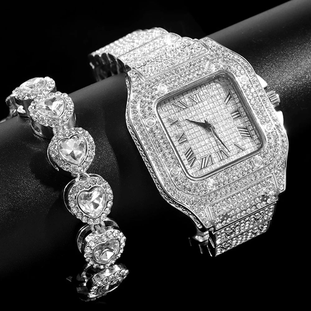 

Hip Hop Bling Iced Out Watch Bracelet for Women Watch Heart Crystal Clustered Tennis Chain Bracelet Men Watch Miami Jewelry Gift