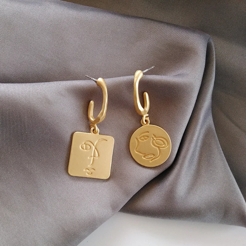 

ZN New Asymmetric Geometric Abstract Face Drop Earrings Gold Color Matt Rectangular Round Hanging Dangle Earrings For Women