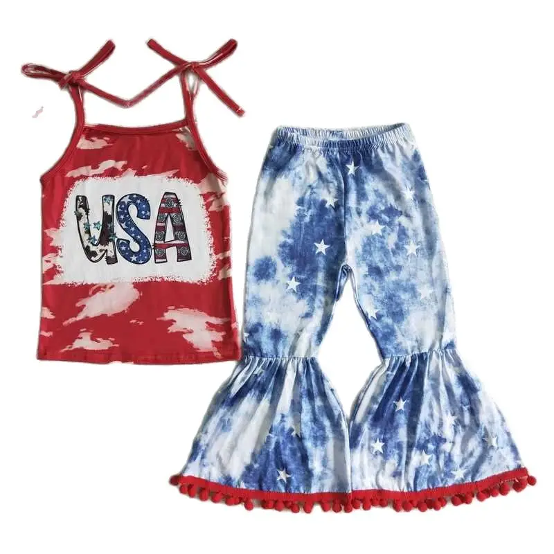 

4th of July Kids Girls Apparels Spaghetti Strap USA Tops Bell Bottoms 2 Pieces Sets For Children Summer Fashion casual Outfits