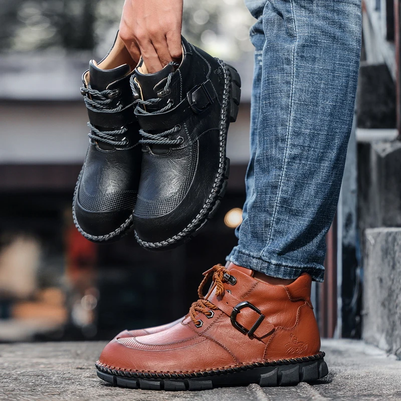 HIKEUP Men's Hiking Shoes Martin Boots Two-layer Cowhide Outdoor Rock Climbing Shoes Plus Size Toe Safety Men's Sneakers