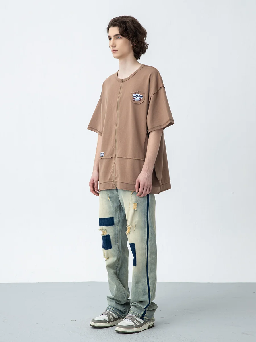 Men's Jeans Retro Washed Colorblock Ripped Straight Jeans High Street Trend Trousers Casual Trousers Ins Hot Sale Streetwear Men