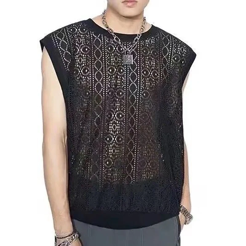 

Summer Hollow Out Men O Neck Tank Top Black Lace Fashion Hip Hop Punk Casual Oversized Sleeveless T Shirts Sports Party Bar Tee