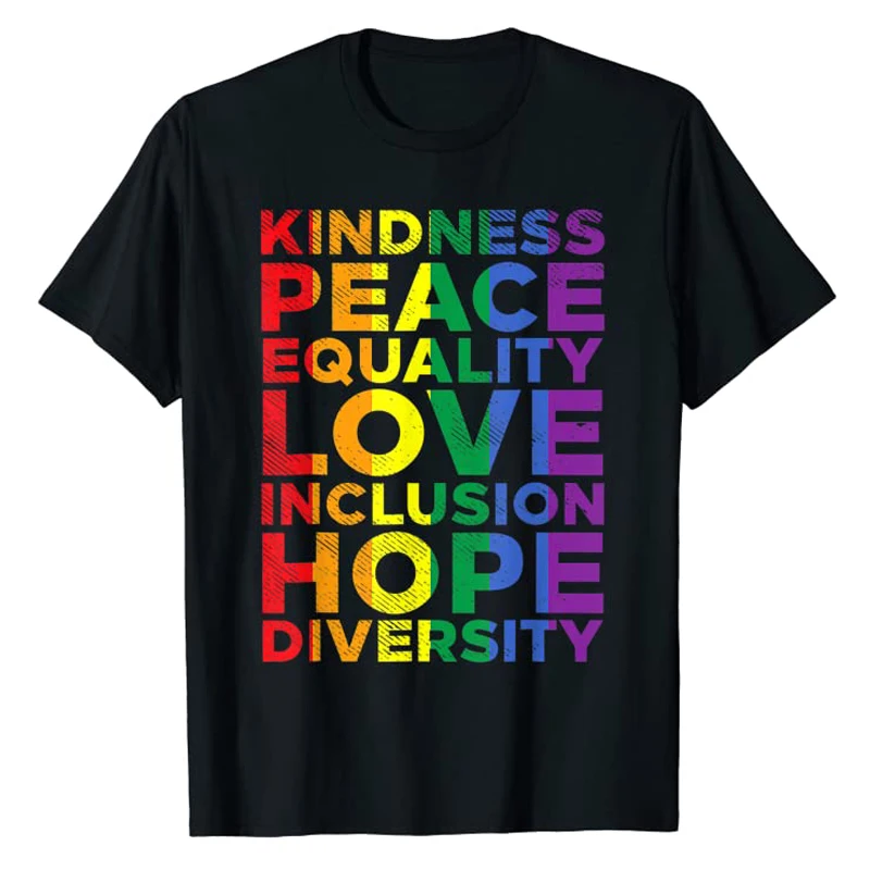 

Kindness Equality Love LGBTQ Rainbow Flag Gay Pride Ally T-Shirt LGBT Sayings Quote Graphic Tee Tops for Women Men Clothing