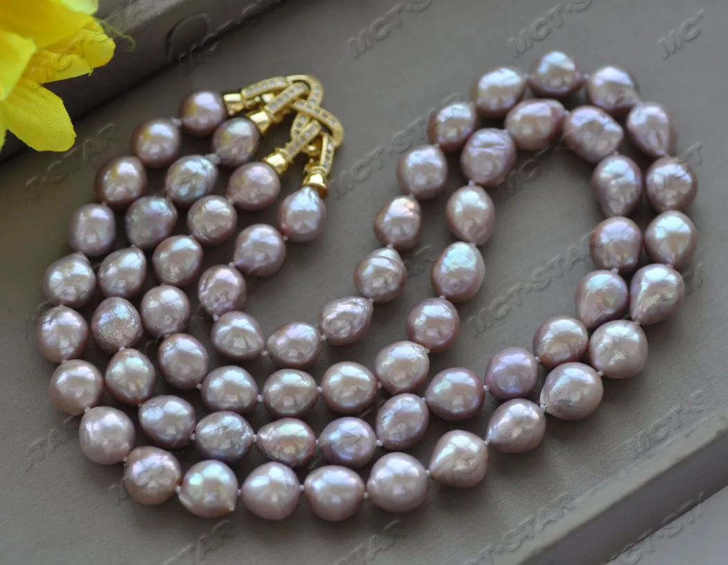 

MCT·STAR Z11889 2Row 18'' 12mm Lavender Almost Round Edison Keshi Pearl Necklace "8" CZ
