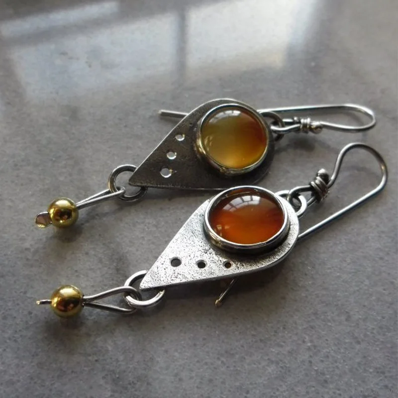 

Retro Round Orange Stone Earrings Vintage Jewelry Water Drop Antique Metal Hook Earrings For Women Pendientes Bijoux