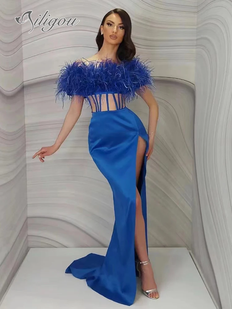 

Женское длинное плиссированное платье Ailigou с открытыми плечами, высоким разрезом и перьями, элегантное сексуальное вечернее платье для веч...