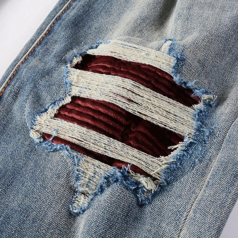High Street Fashion Men Jeans Retro Blue Elastic Stretch Skinny Ripped Jeans Men Red Patched Designer Hip Hop Brand Pants Hombre