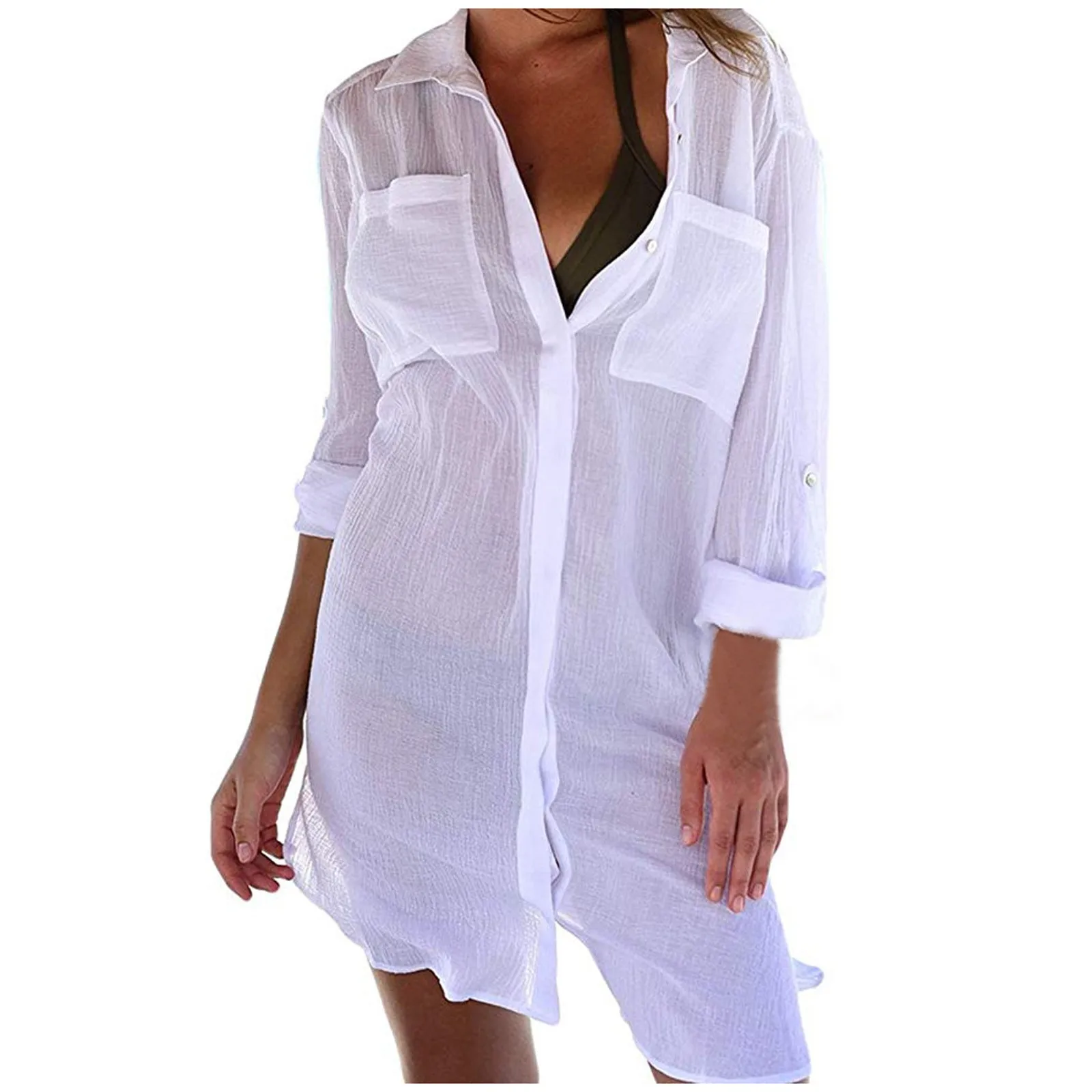 

Women Chiffon see-through Cardigan button Blouse Long Sleeve Beachwear Cover Up Summer beach outfits for women boho clothing