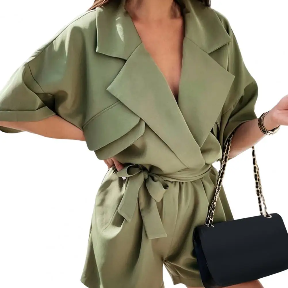 

Women Playsuit 2022 Lapel Collar Batwing Short Sleeve Romper Waist Belt Bow Casual Jumpsuit Streetwear Elegant Short Overalls