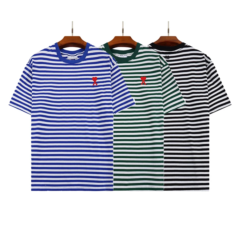 

Ami22 summer new men's striped round neck embroidery small love peach heart letter pure cotton short-sleeved T-shirt