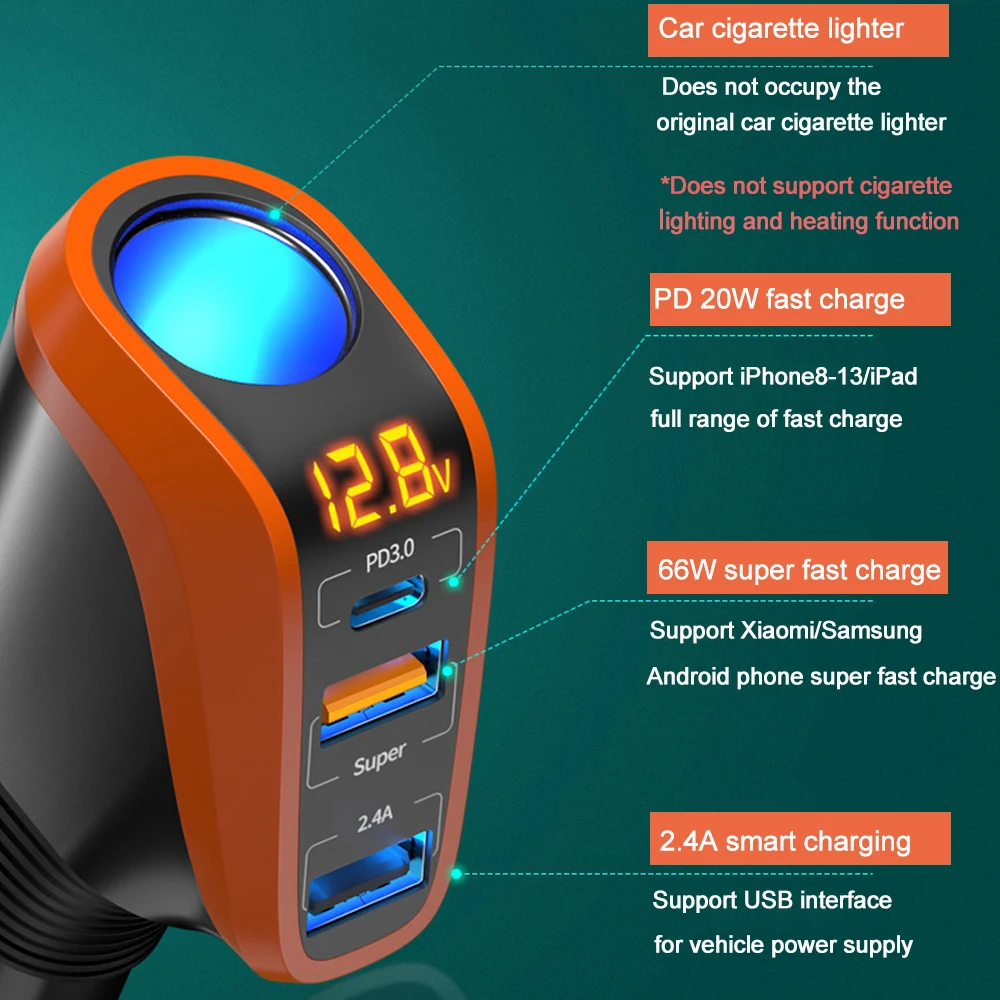 90W USB C Car Charger Cigarette Socket LED Display Type-C PD20W USB 66W Super Fast Charge For IPhone OPPO Samsung HUAWEI Xiaomi