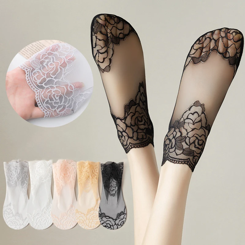 5Pair Cotton Women Lace Sock Summer Breathable Non-slip Shallow Boat Socks Lace Floral Invisible Socks Thin Short Sock for Women