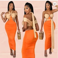 women summer sexy bodycon long dress slim fit color contrast off shoulder pleated hollow out chest elastic pencil dresses gown